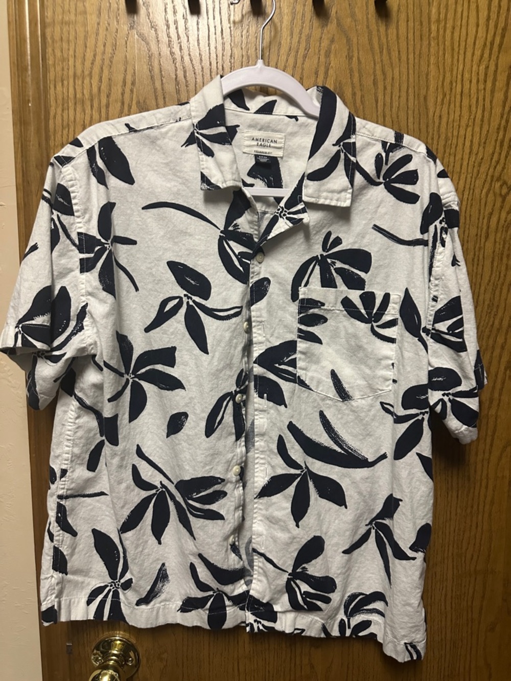 American Eagle Men’s White Button-Down Shirt with Navy Floral Print
